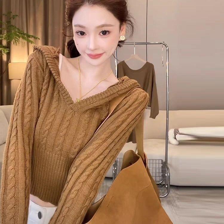 Women's Autumn Korean Style Casual Lazy Temperament Pullover Sweater Cable Knit Fashion Short Top