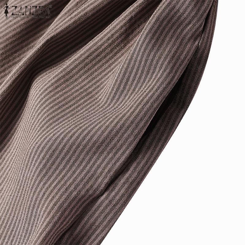 ZANZEA Women Casual Round Neck 3/4 Sleeve Loose Stripe Patchwork Long Dress