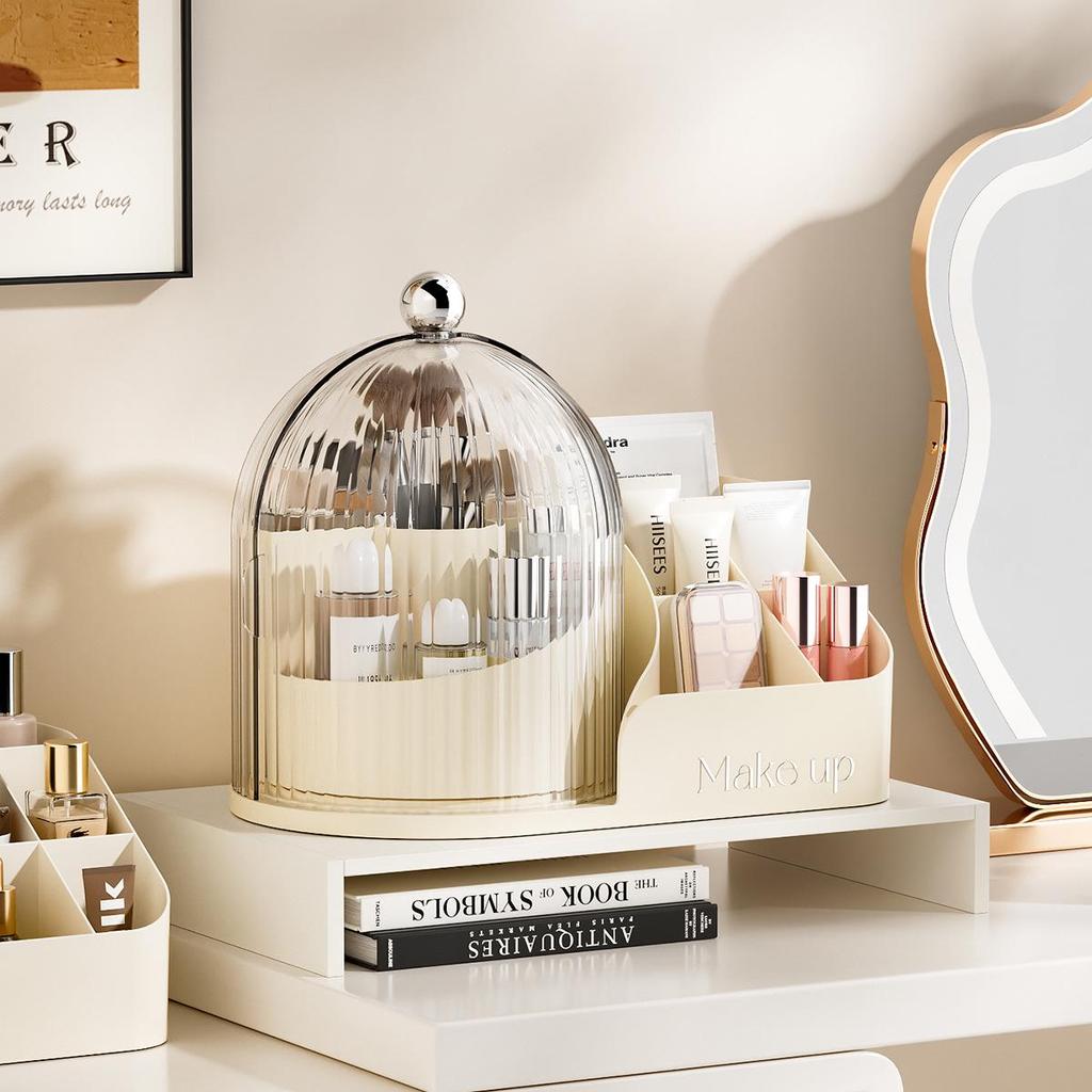 Transparent Rotating Makeup Organizer with Dustproof Compartments for Brushes, Lipsticks, and Eyebrow Pencils