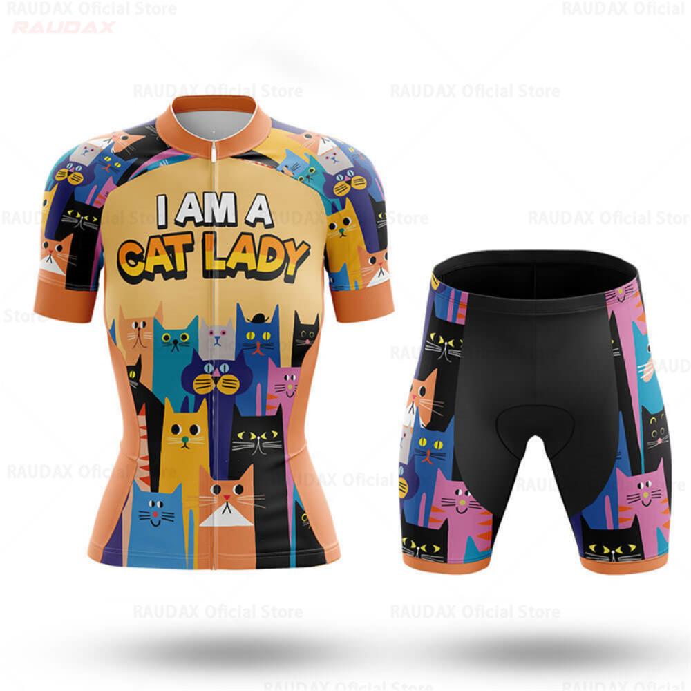 Women's Cycling Jersey Set Pink Cartoon Cat Summer Short Sleeve Breathable MTB Bike Cycling Clothing Maillot Ropa Ciclismo Mujer