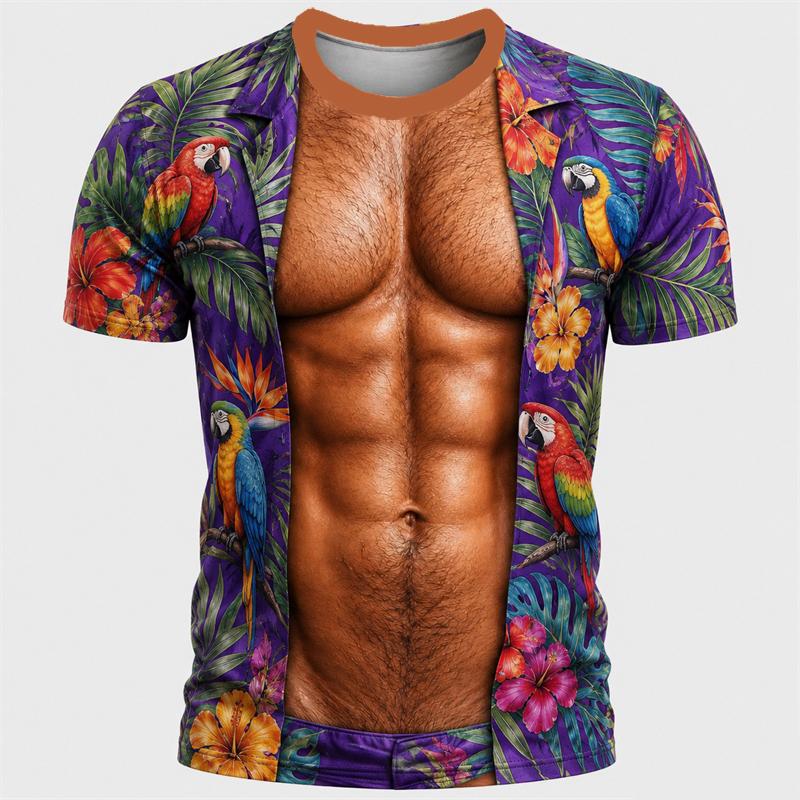 Divertente T-shirt 3D a Maniche Corte con Addominali e Peli sul Petto, Estate Spiaggia Vacanza Novità Festa Famiglia Outfit Genitore-Figlio