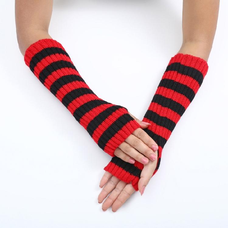 Teenagers Winter Half Finger Mitten Stripe Pattern Knit Keep Warm Lengthen Wrist