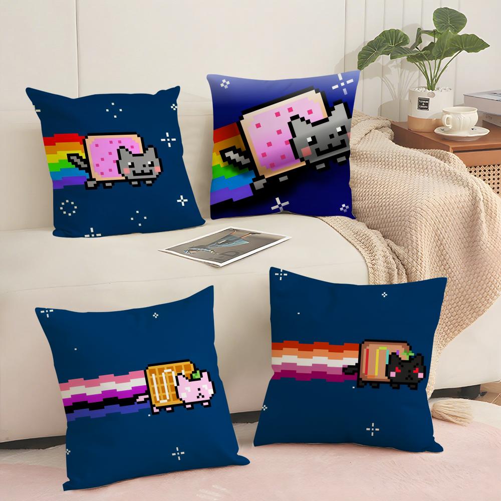 Cartoon Game N-Nyan-C-Cat Cushion Cover Soft Short Plush Pillow Cover Smooth Cozy Texture Aesthetic Cushion Case Home Decor