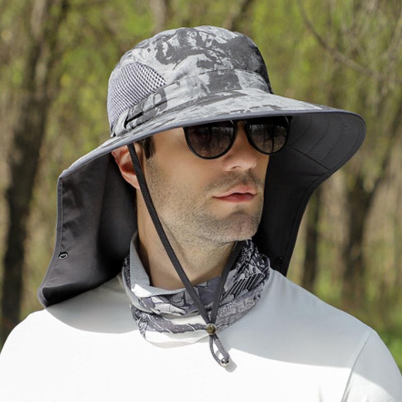 Summer Men Sun Hat with Shawl Veil 9 Cm Brim Military Camouflage Side Breathable Mesh Bucket Cap Outdoor Use Sunscreen Fishing Cap