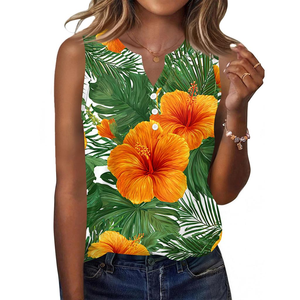 Women's Fashionable Casual Hawaiian Print Sleeveless Button Vest Top