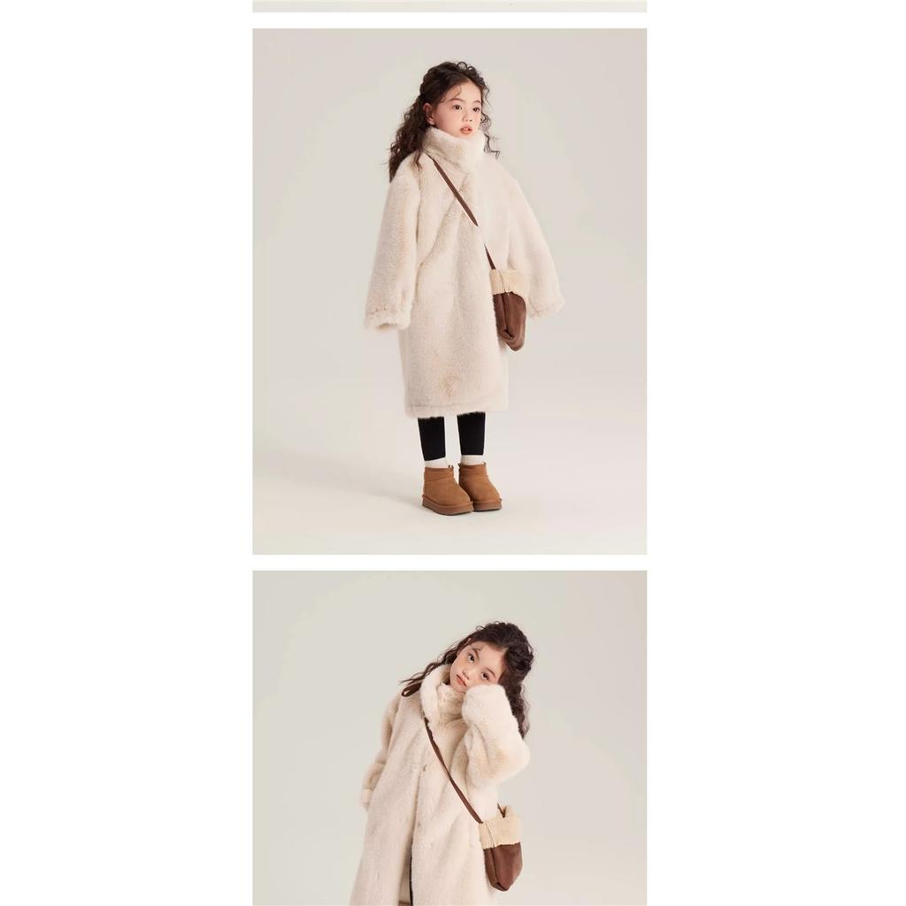 Girls Faux Fur Long Coat Stand Collar Plush Fleece Warm Thick Winter Kids Outerwear Full‑Zip Mid‑Length Fuzzy Overcoat For Little Girl