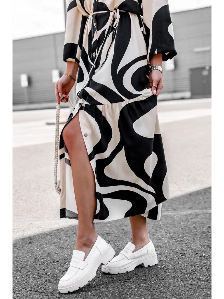 2025 European & American Spring/Autumn Fashion Print Long Shirt Dress with Tie-Up and Pockets