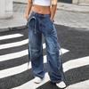 Women's Casual Fashion Solid Color Elastic Waist Pockets Wide Leg Straight Jeans Pants