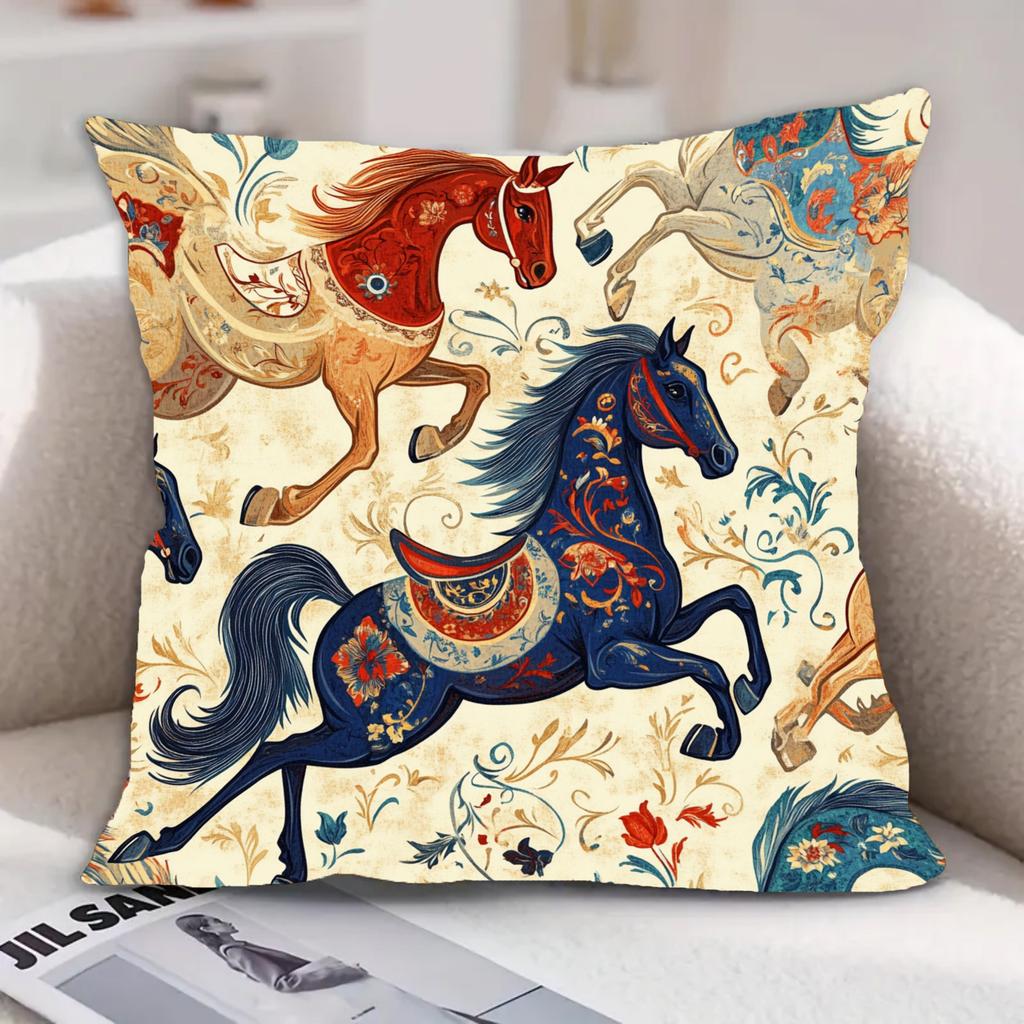 Vintage Horse Pillowcase Ethnic Decorative Horse Cushion Cover Floral Pattern Throw Pillow Retro Home Decor Living Room Sofa