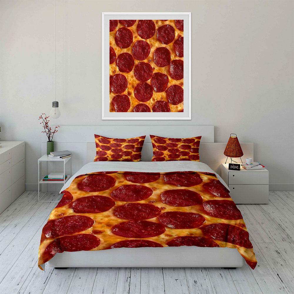 Fette di pepperoni su pizza al formaggio Set Biancheria da Letto Stampata 1 Copripiumino 2 Federe per Adulti e Bambini Regalo di Lusso Misura Matrimoniale