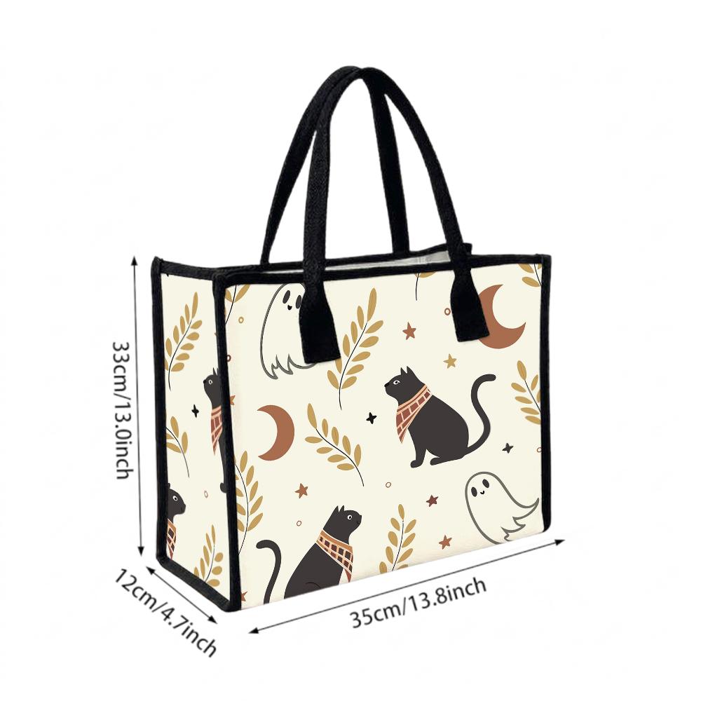 Halloween Cute Cat Ghost Printed Tote Bag Portable Casual Daily Shoulder Handbag