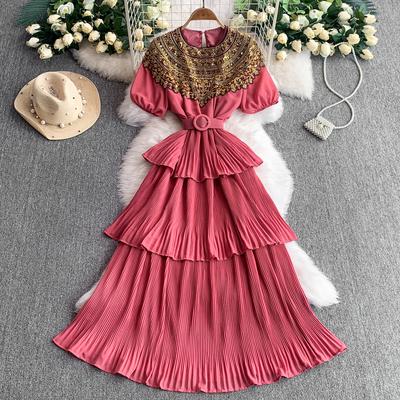Vestido Feminino Retrô de Lantejoulas com Decote Redondo e Manga Curta, Verão, Cintura Marcada e Vestido Plissado Emagrecedor