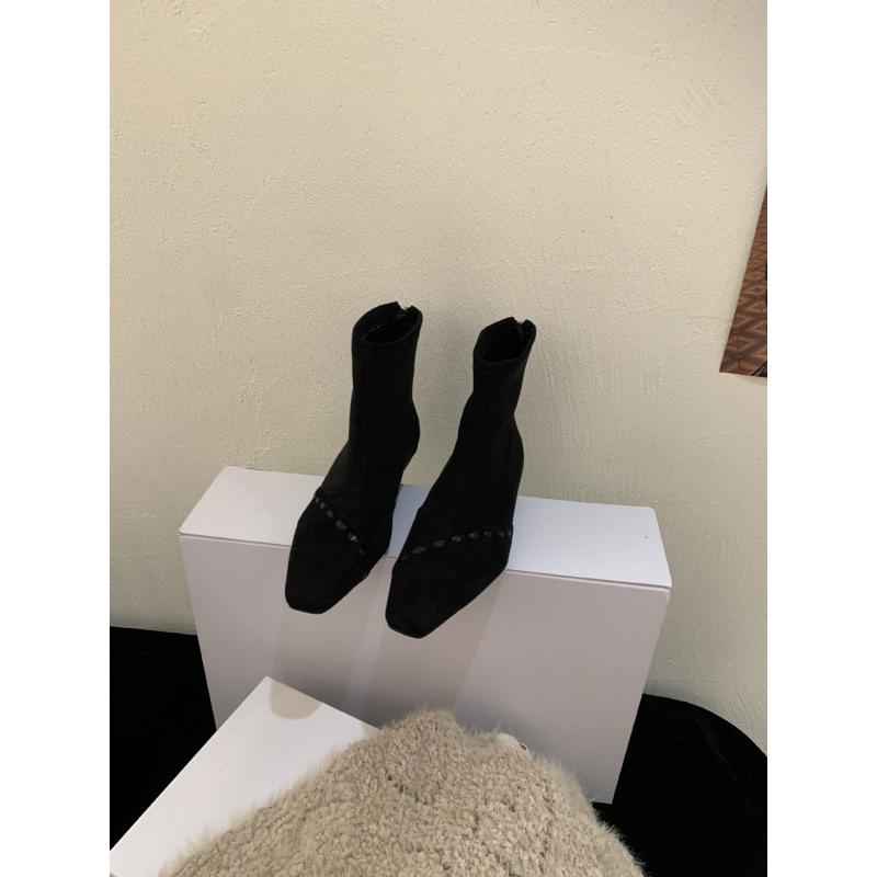 French Niche Weaving Design Wedge Heel Thin Boots Women's Autumn and Winter Temperament Versatile Suede Rear Zipper Bare Boots