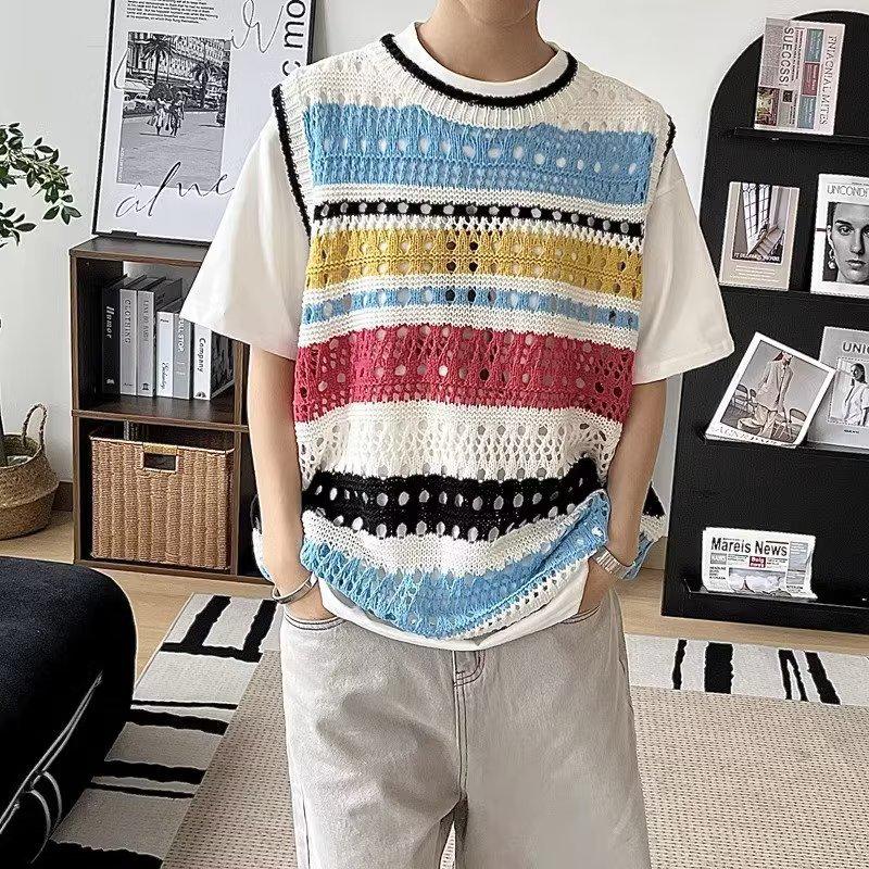 Men's Summer Trendy Striped Knitted Hollow Vest Sweater