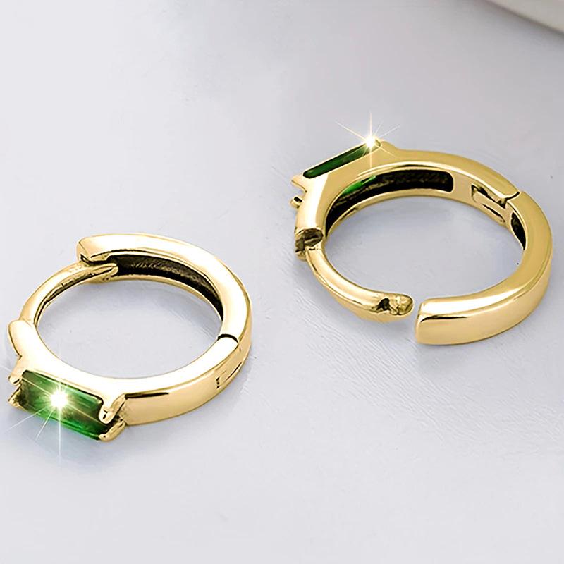 Single Baguette Cut Green Cubic Zirconia Tiny Hoop Earrings Silver Tone Four Prong Setting Minimalist Ladies Casual Accessories