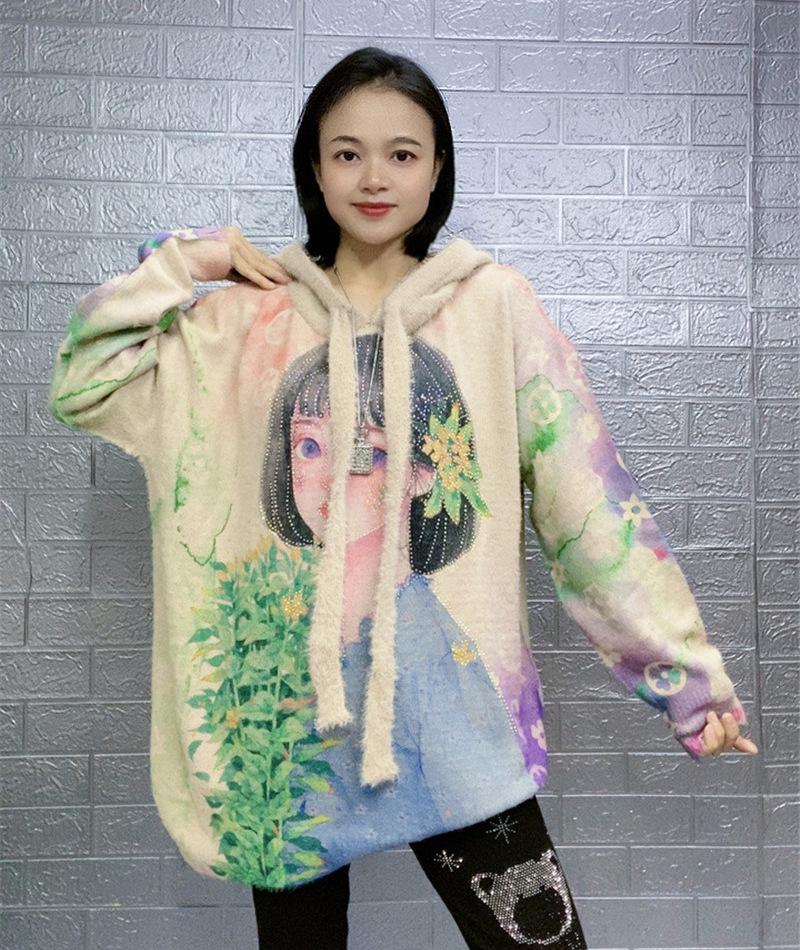 2023 Women's Chinese Print Hooded Mink Velvet Sweater, Loose Knitwear, Plus Size, Autumn/Winter Outerwear