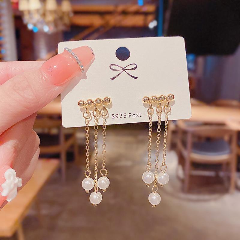 Boucles d'oreilles à pampilles en perles coréennes - Argent S925, polyvalentes et tendance