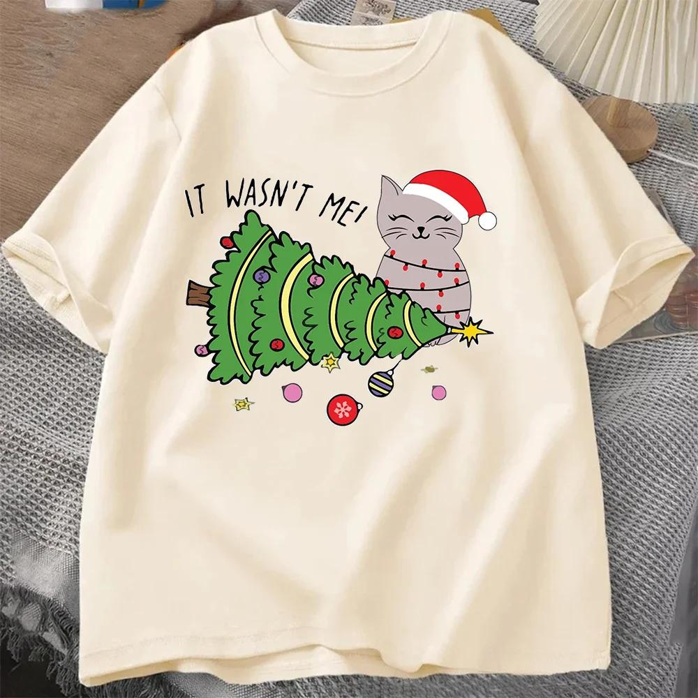 Merry Christmas Womens Tshirt Cat Enthusiast Santa Claus Elf Round Neck Short Sleeve Holiday Season Casual Womens Tshirt