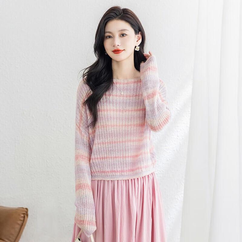 

Женский вязаный свитер Sibaishe осень 2025 с цветными блоками и полосками, со спущенным плечом L