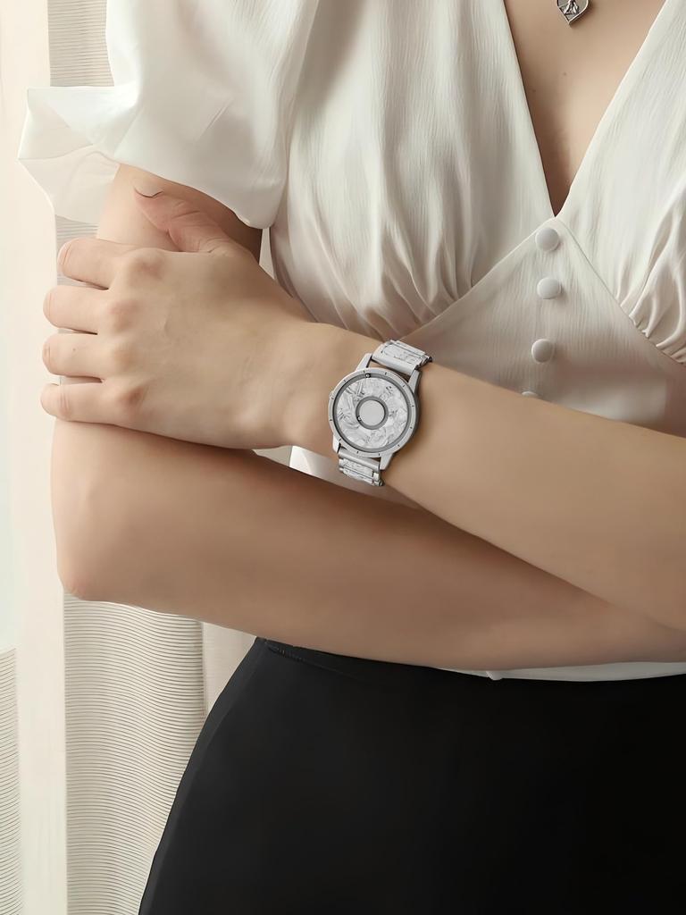 EUTOUR Magnetic Watch with Camouflage and Casual Quartz Magnetic Ball 3 ATM Water 36mm and Silver Resin Strap Women's Dial, Stylish, Elegant, Simple,