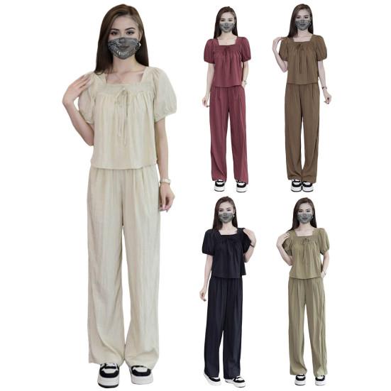 2 buc/set femei set culoare solidă fundă pătrat plisat cu mânecă scurtă top pantaloni gât top lat