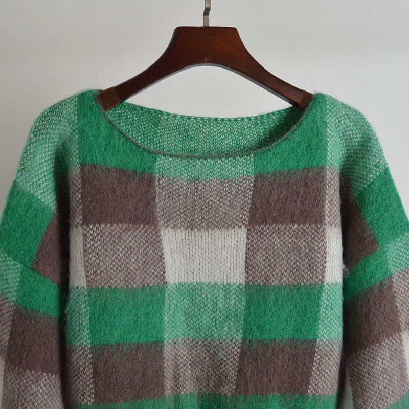 New Arrival Color-Contrast Check Crew Neck Pullover Sweater Knitwear Women's Clothing Autumn and Winter Loose Long-Sleeved Versatile Top Fashion