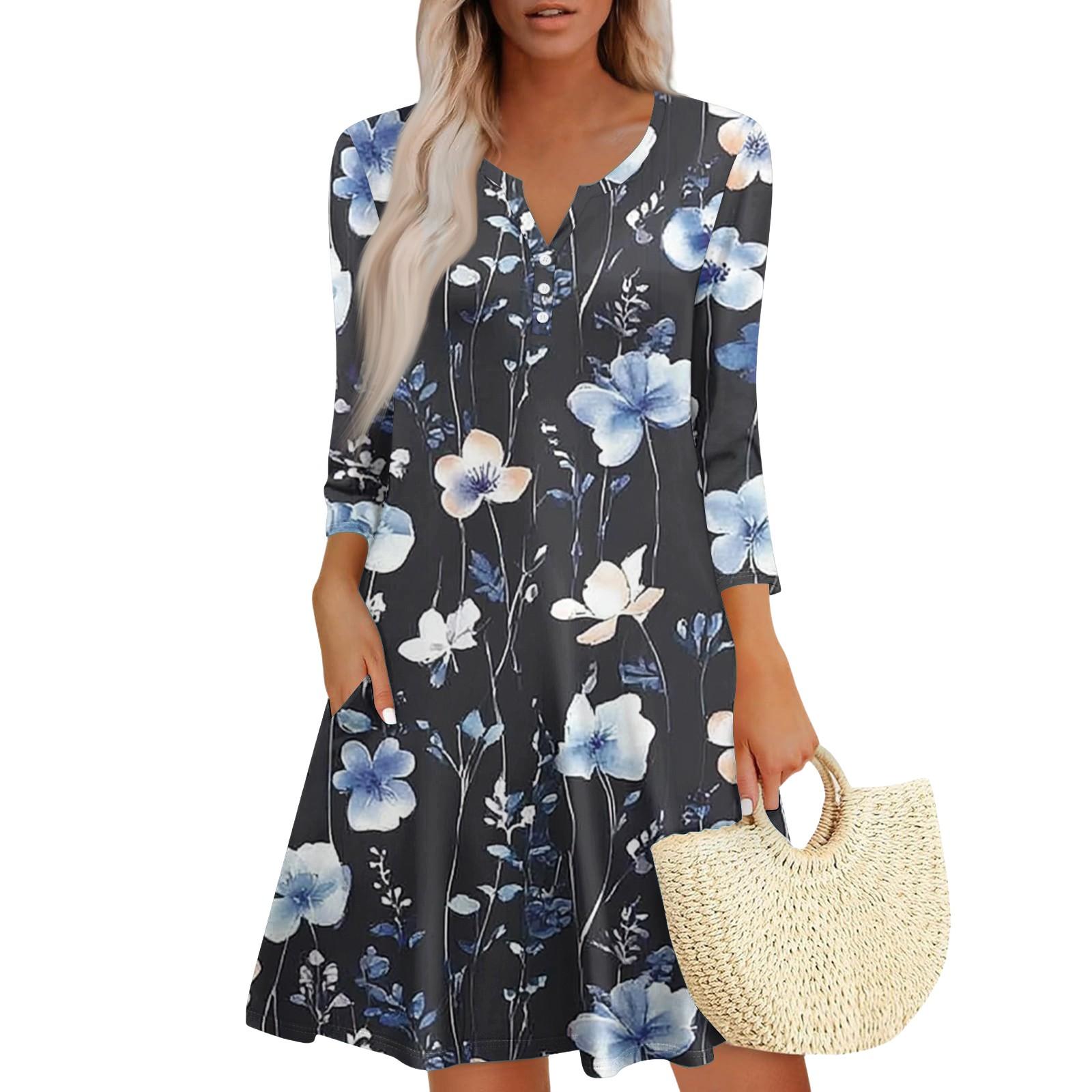 

Women s Fashionable V-Neck Button Seven Part Cuff Pocket Floral Dress M чорний