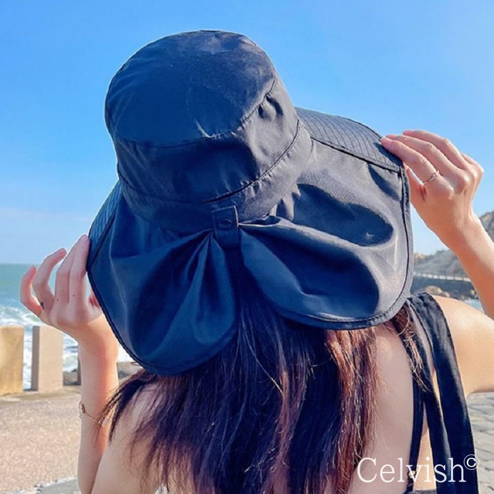 UV Protection Wide with Chin Compact Black [Celvish] Women's Hat, Brim, Strap, Foldable, Lightweight,