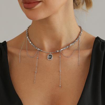 Cool Style Black Diamond Tassel Necklace, Y2K Cyber Style Gravel Beaded Unique Clavicle Chain