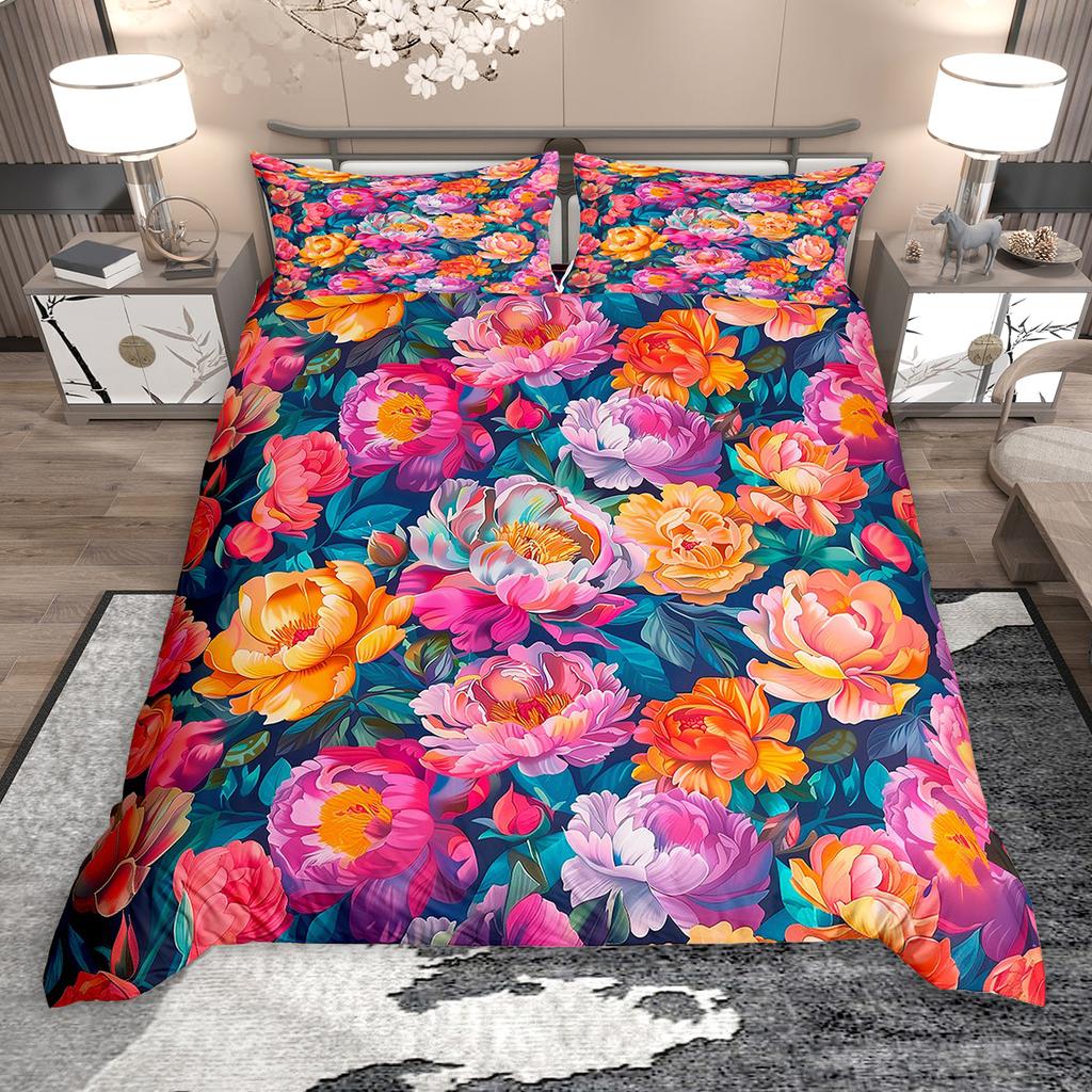 Homewish Vintage Floral Duvet Cover Set for Girls 2pcs/3pcs, Retro Tropical Flower Bedding, Oil Painting Blossoms Bed Set