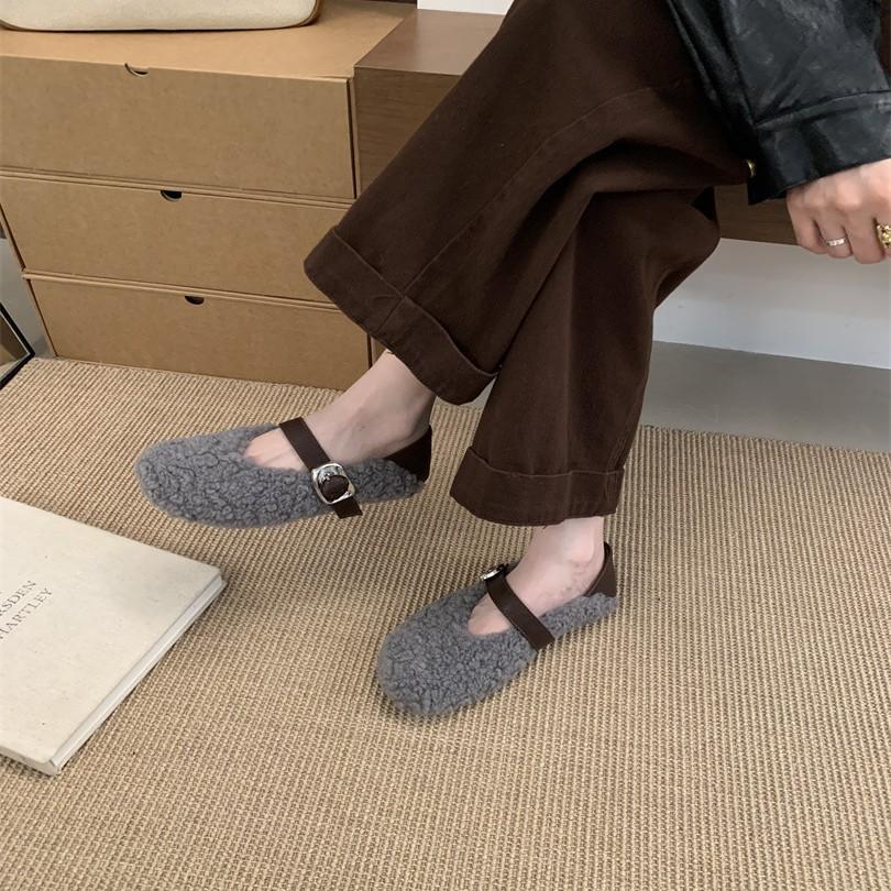 Flat-bottomed wool shoes for women's outer wear 2025 new autumn and winter gentle evening Mary Jane shoes pedal lamb wool cotton shoes