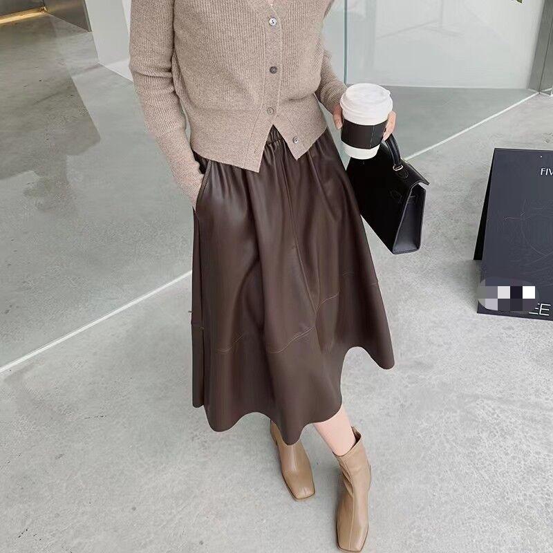 

Осень/Зима 2025 Юбка миди А-силуэта из тонкой овечьей кожи с высокой посадкой для женщин - Универсальная и мягкая 4XL кофейный