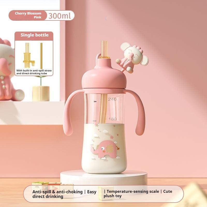 

Baby bottle over one year old three-purpose straw cup Children s learning drinking cup Cute pet cute portable direct drinking cup 300ML- [Pink]