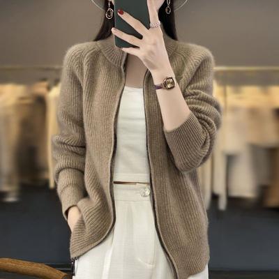 Cárdigan de lana pura con cremallera, hombros acolchados, cuello alto, abrigo de punto de cachemira de manga larga para mujer, suéter con solapa