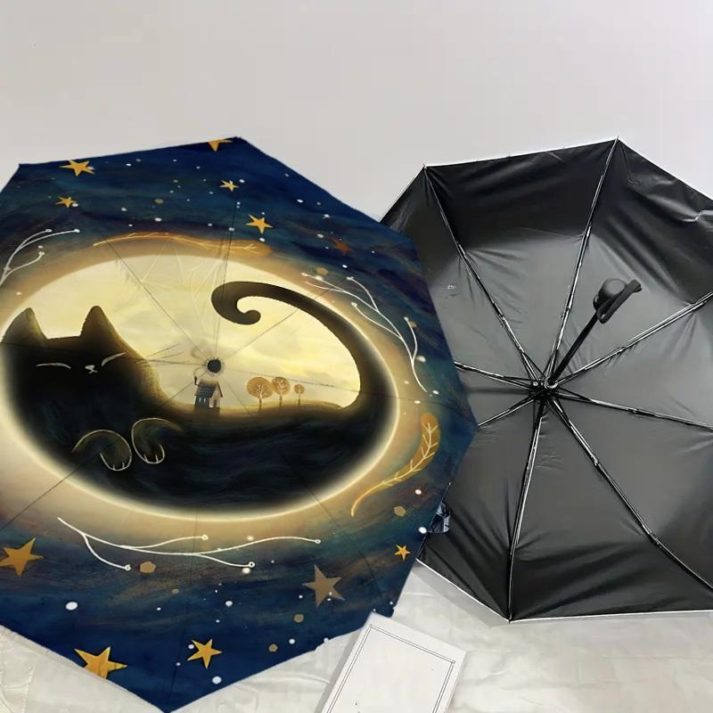 1PC cat moon Automatic Open/Close Umbrella with Windproof, 8-Rib Sturdy Canopy, Durable Ribs, Fashionable Design, Outdoor Accessory, Fun Prin, Holiday