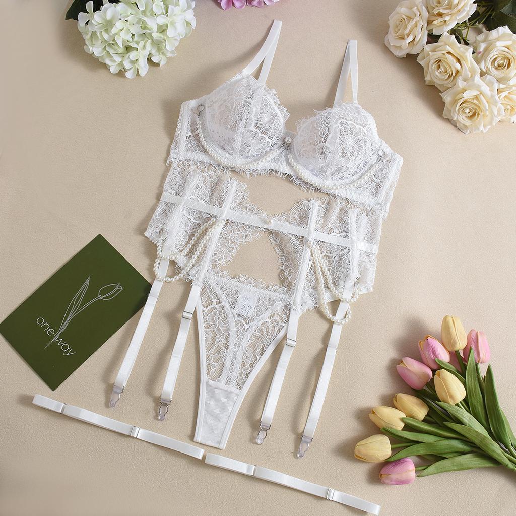 Valentine Lingeries Sexy Hot Elegant Pearl Decor Willowy Bra Belt Thong Lingerie Sets With Leg Circles Attractive Fishbone Sets