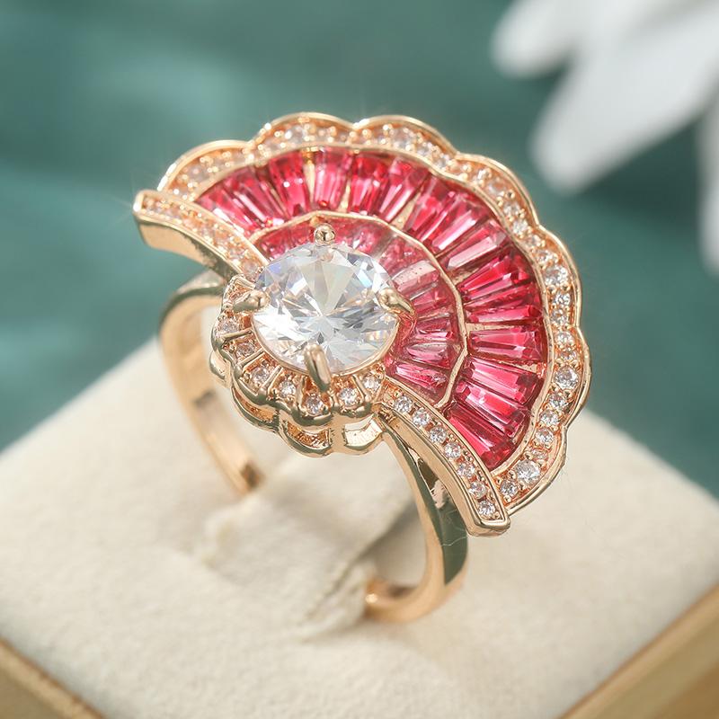 Gorgeous Inlaid White Red CZ Women's Ring Aesthetic Gold Color Hand Carving Daily Wear Party Jewelry Anniversary Gift