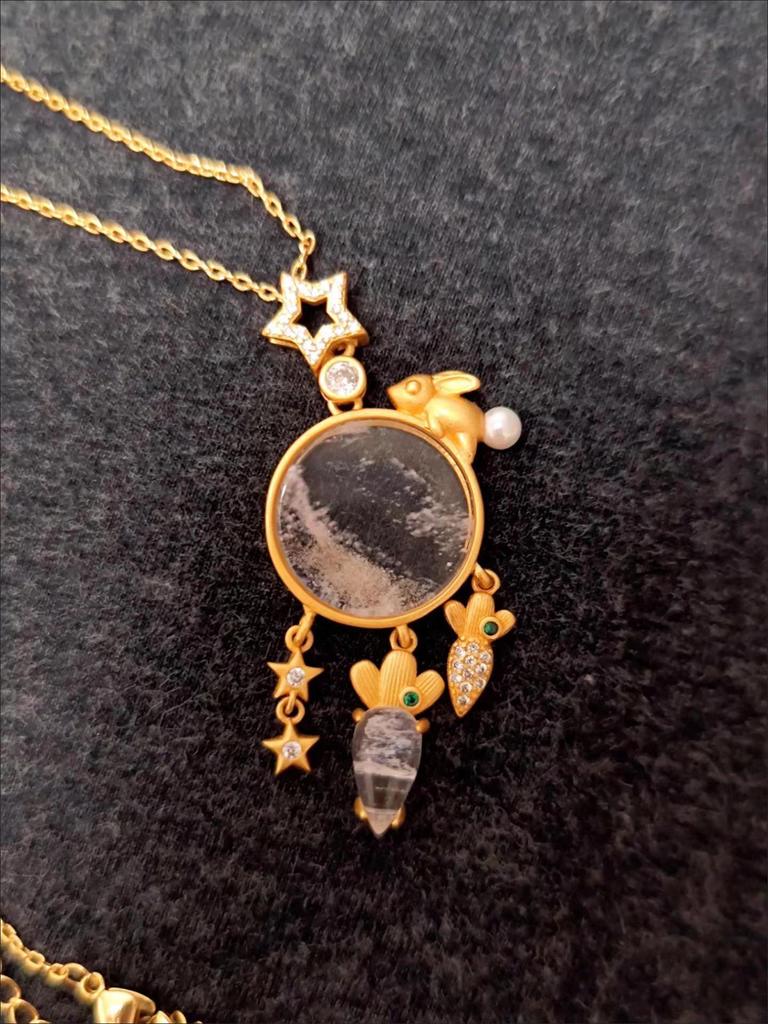 Jade Rabbit and Radish Planet Pendant Necklace - Charming Fairy Tale Design, Handmade and Unique Gift