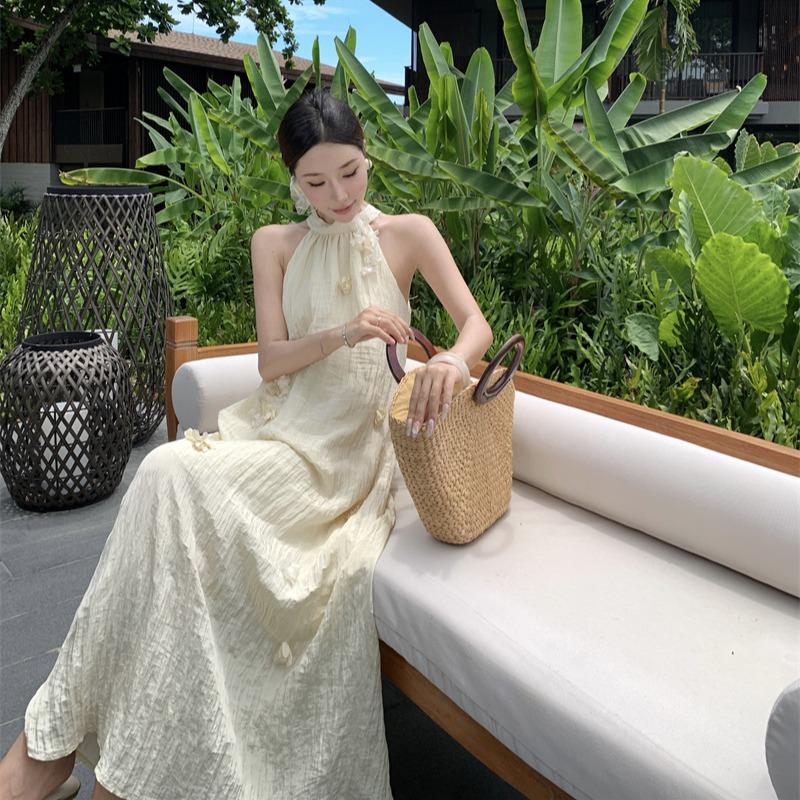 Summer New Elegant Flower Neck Pleated A-Line Loose Dress