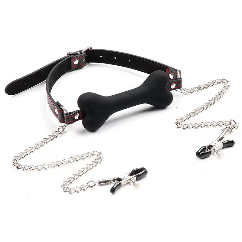 Silicone Bone Gag with Nipple Clamps - Adult SM Sex Toy for Couples
