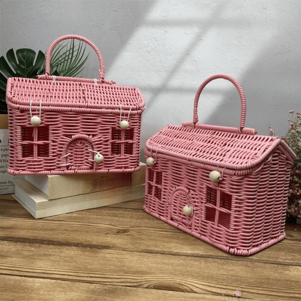 With Handle Rattan Picnic Basket House Shaped Clutter Organizer Desktop Organizer  Picnic Supplies