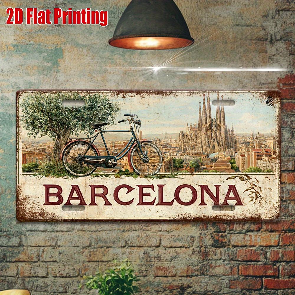 D Flat  Piece Vintage Metal License Plate Barcelona Aluminum Sign with Sagrada Familia and Bicycle Design Perfect for Home