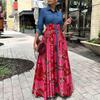 LYRIA Women Long Sleeve Printing Red Blue Long Dress Maxi Dress
