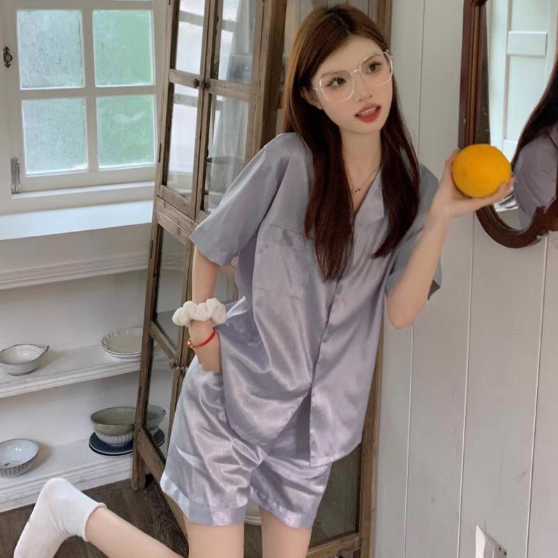 Summer High-Value Can Be Worn Outside Solid Color Ice Silk Short-Sleeved Pajamas Women'S Loose Loungewear Suit