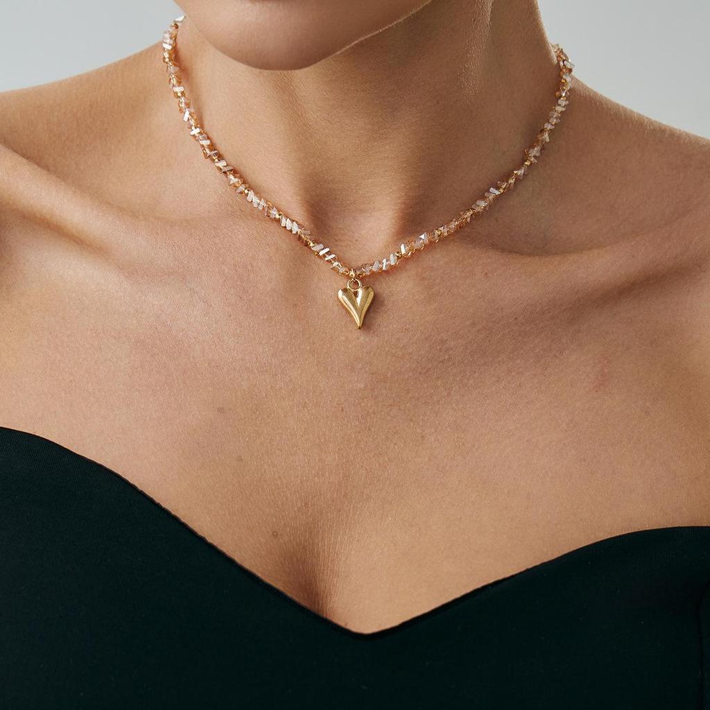 Simple and Fashionable Crystal CCB Bead Collarbone Necklace Ins Drip Oil Love Pendant Necklace for Women