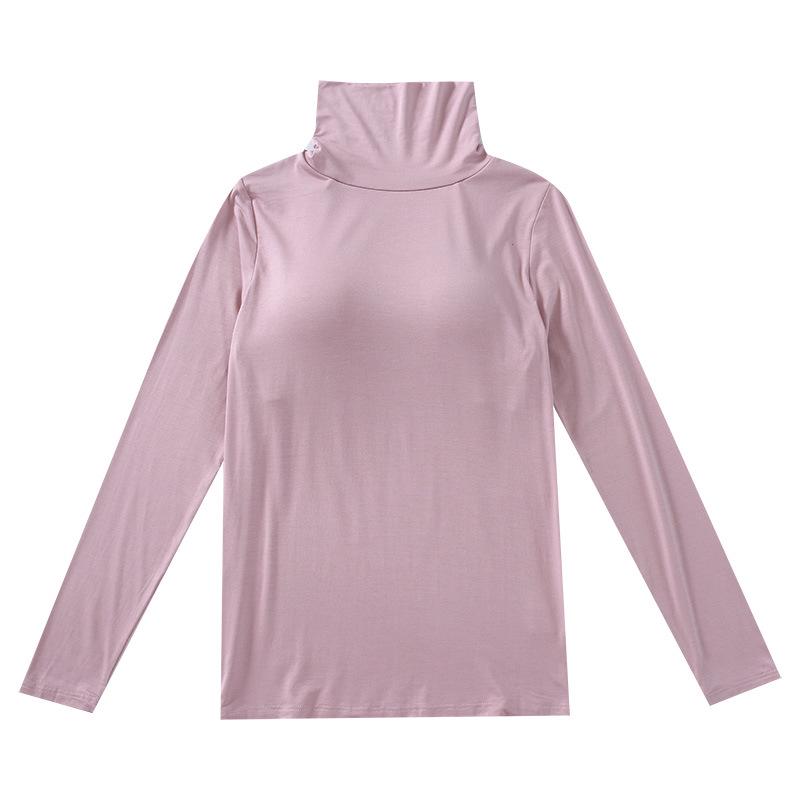 Modal Padded High Neck Long Sleeve Slimming T-Shirt with Built-in Bra for Women - Autumn/Spring.