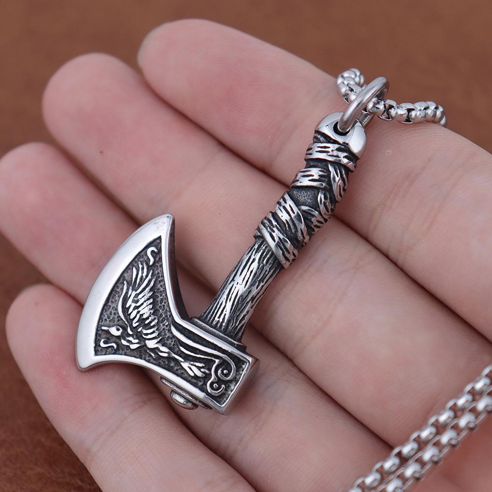 Boutique Stainless Steel Viking Wolf and Odin Crow Axe Pendant Necklace Vintage Men's Nordic Popular Jewelry for Birthday Gifts