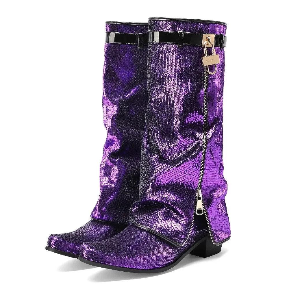 Lesklé flitrované látkové kozačky nad koleno s ohrnutým horním lemem Dámské s blokovým podpatkem Růžovo-zlaté Párty Kulatá špička Zámek Pásek Zip Bling Dlouhé kozačky k sukni