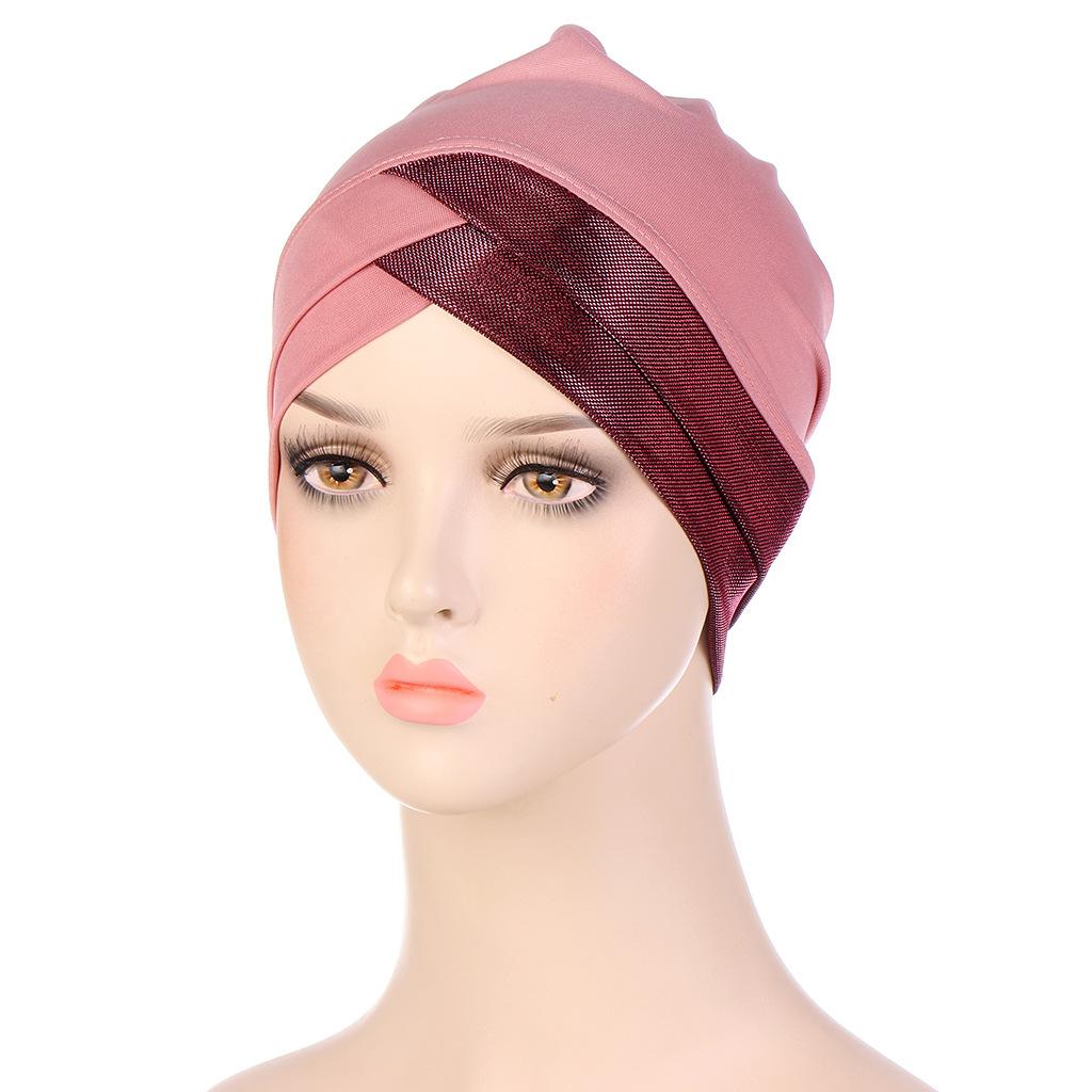 Stretch Fabric Shiny Thread Front Cross Indian Hat Crystal Linen Headscarf Muslim Base Layer Cap