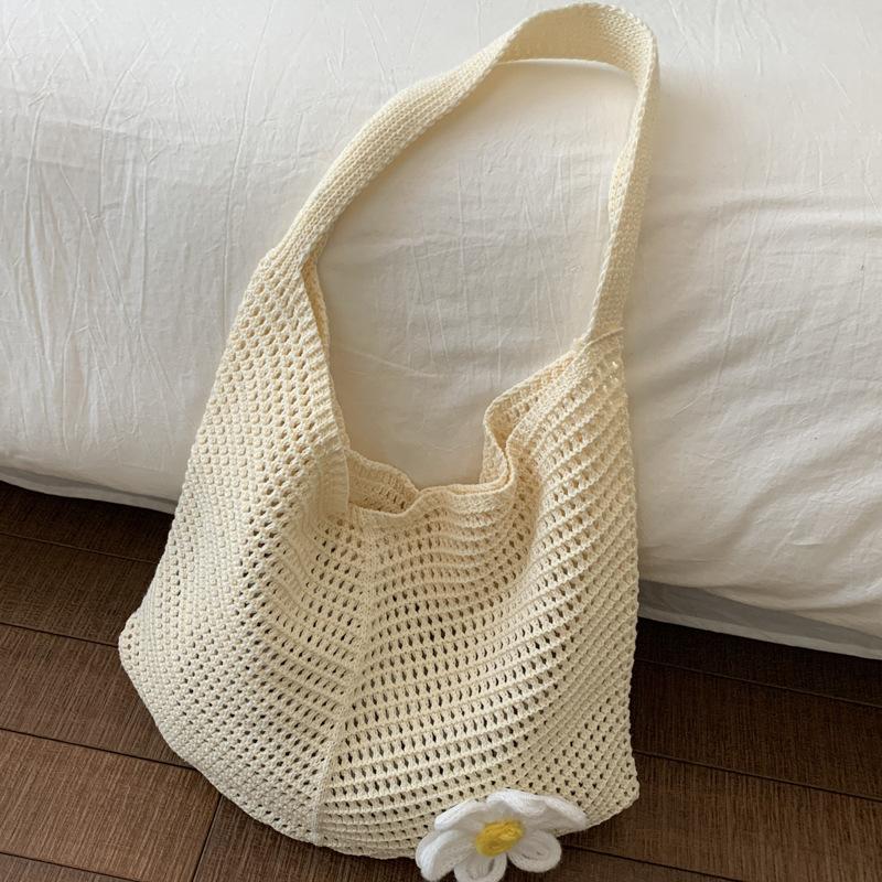 Woven Bag Women's New Shoulder Tote Bag Lazy Wind Knitted Hollow Flower Beach Bag